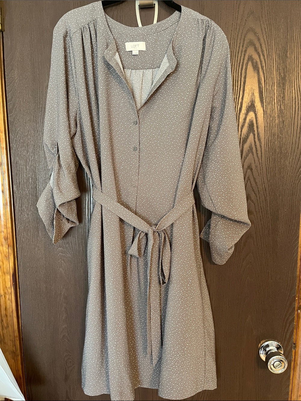 LOFT Taupe Microdot Tie-Waist Midi Dress